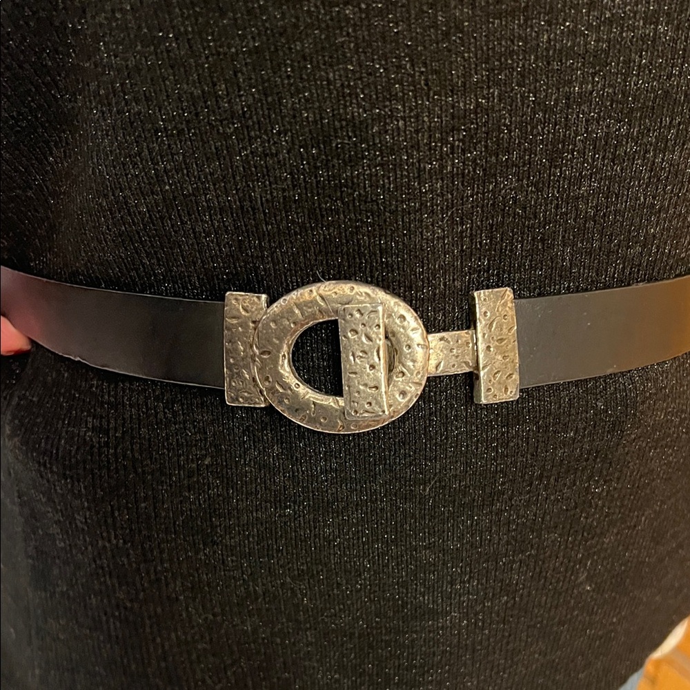 Chico's Genuine Black Leather Belt with Forged Metal Textured Buckle Size S/M